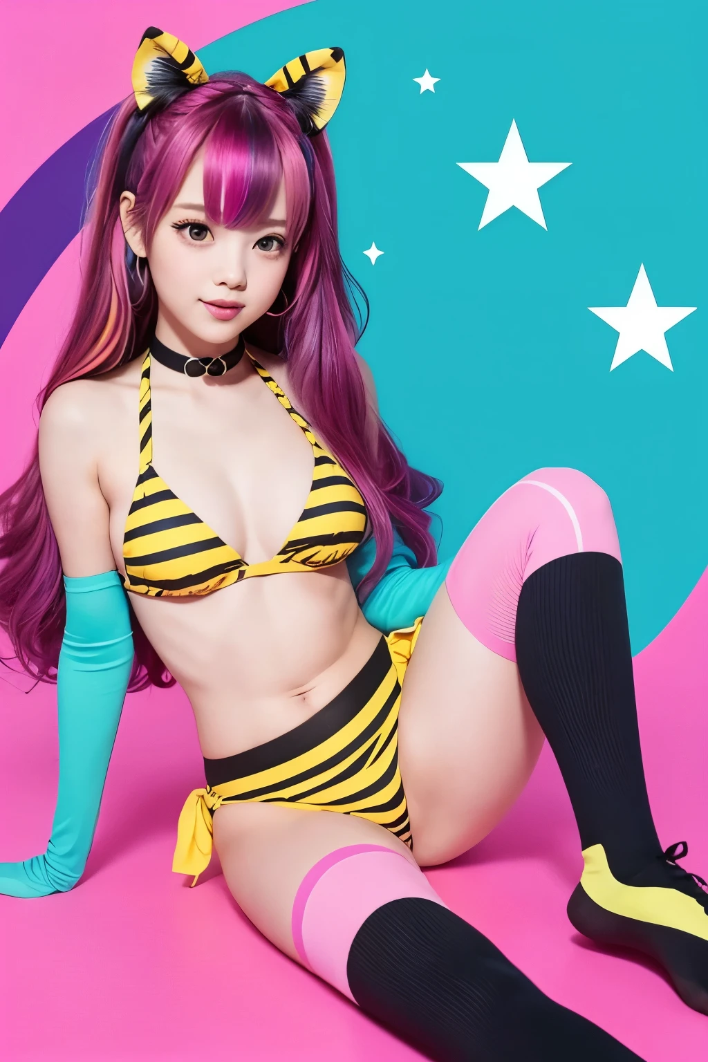A cartoon-style character sits in front of a bright pink background。The character is a young woman.、Her hair is long and colorfully dyed in rainbow colors.。Her hair flows like the wind、There is a sense of movement throughout。Her eyes are big、In yellow、He has a happy expression.。
She was wearing a tiger print bikini.、She is wearing knee-high socks with the same pattern.。The character is sitting with one knee up.、Hands are placed on the knees。The background features a black lightning bolt design.、It creates a strong contrast with the pink background.。
as a whole、This illustration has an energetic and pop atmosphere.、The individuality of the characters is emphasized。