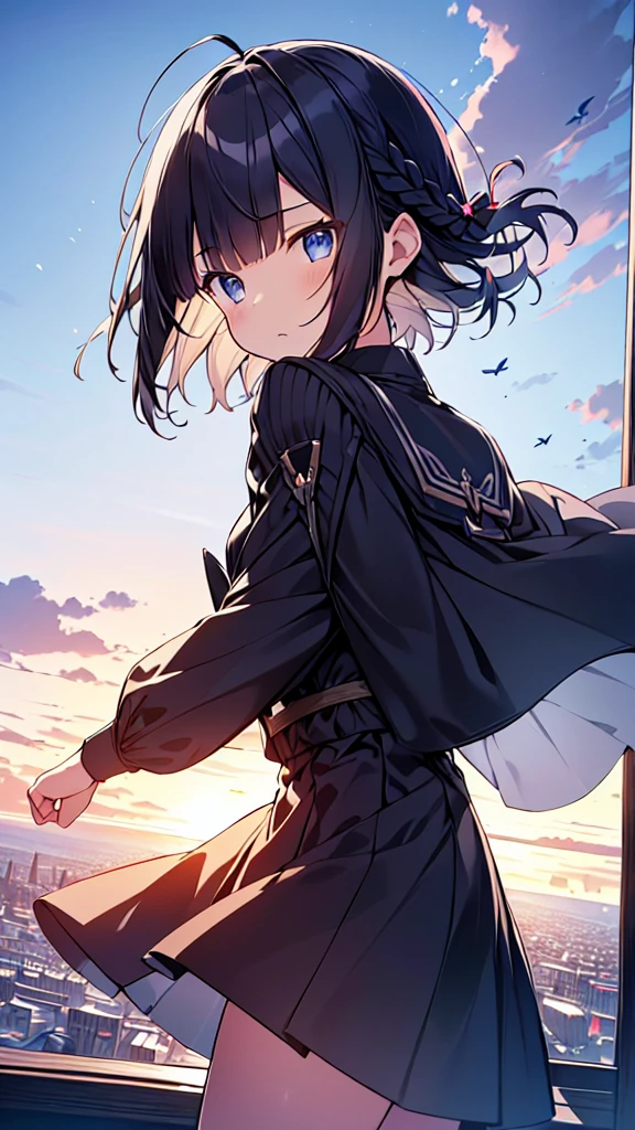 masutepiece, Best Quality,Illustration, Wallpaper, Ultra Detail, absurderes, 1girl in, Solo, (Medium short hair、short braided hair), Beautiful detailed eyes , luminous sky、Hair that flutters in the wind,(a panoramic view:1.3),(Sense of depth:1.5),(longshot:1.5)