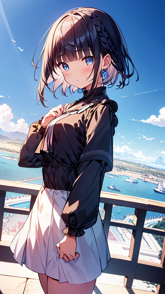 masutepiece, Best Quality,Illustration, Wallpaper, Ultra Detail, absurderes, 1girl in, Solo, (Medium short hair、short braided hair), Beautiful detailed eyes , luminous sky、Hair that flutters in the wind,(a panoramic view:1.3),(Sense of depth:1.5),(longshot:1.5)