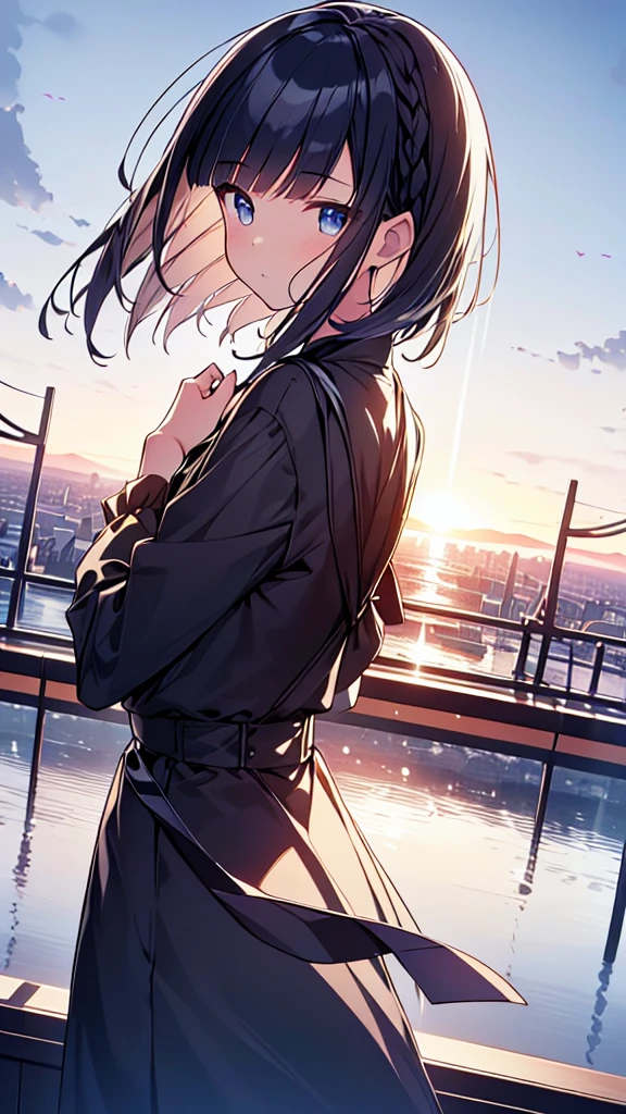 masutepiece, Best Quality,Illustration, Wallpaper, Ultra Detail, absurderes, 1girl in, Solo, (Medium short hair、short braided hair), Beautiful detailed eyes , luminous sky、Hair that flutters in the wind,(a panoramic view:1.3),(Sense of depth:1.5),(longshot:1.5)