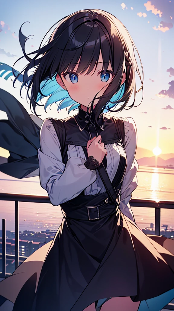 masutepiece, Best Quality,Illustration, Wallpaper, Ultra Detail, absurderes, 1girl in, Solo, (Medium short hair、short braided hair), Beautiful detailed eyes , luminous sky、Hair that flutters in the wind,(a panoramic view:1.3),(Sense of depth:1.5),(longshot:1.5)