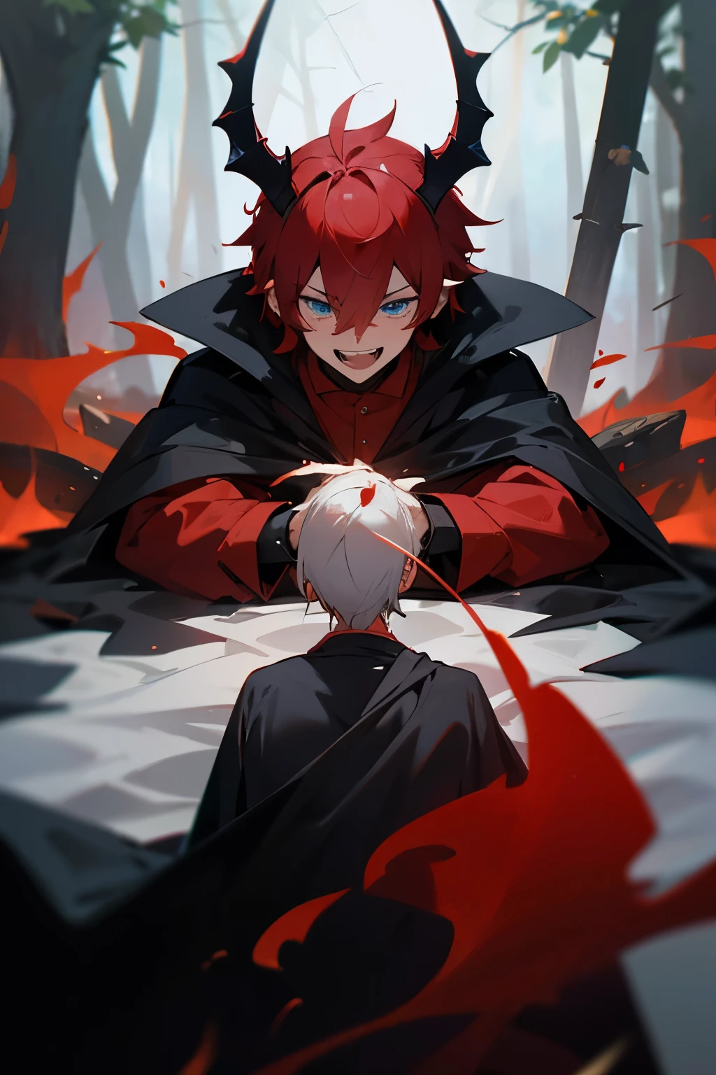 4 devil horns, black, 1 man, red hair, blue eyes, in the forest, laughing, thick fog, crazy, bursting into tears from laughter, red shirt, has a black cloak, age 30, wears 5 rings.