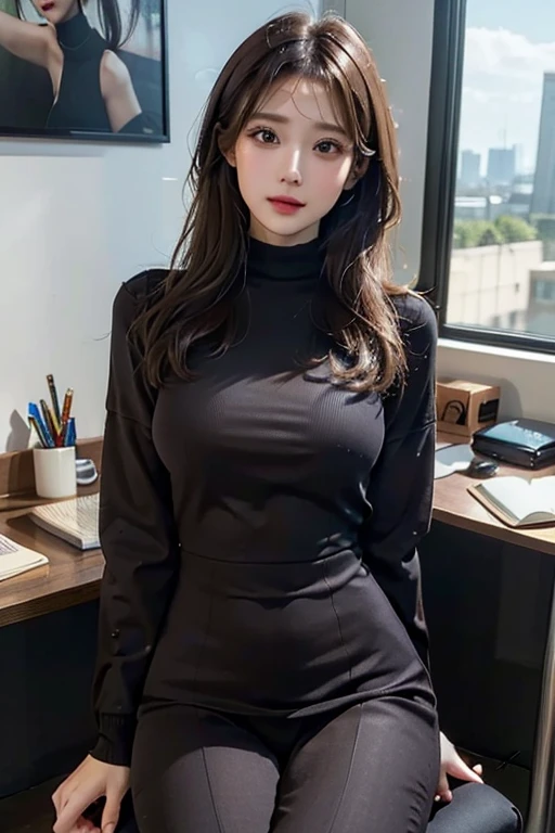 ((highest quality)), ((masterpiece)), (detailed), One girl,whole body, sexy,Real,4K quality,knit,Dark brown hair,slender,Detailed face,Beauty,(whole body),Office lady suit,office,Sitting on a chair,nsfw,,Spread your legs,