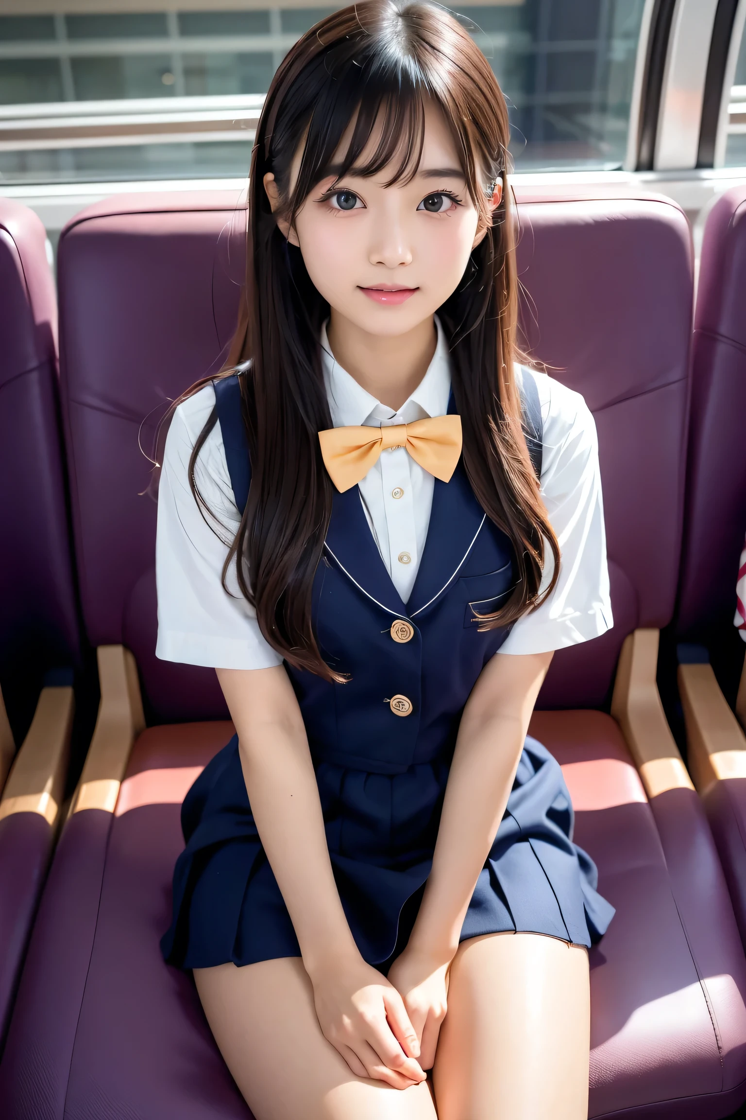 High angle shot、Center View、An Asian woman in a short skirt and bow tie is sitting on a train、Cute school girl、Japanese girls uniform、Wear Japan 、Japanese 、Surreal 、Dressed as a high school girl、Surreal 、Wearing a uniform、Realistic high school girl、Girl in uniform、Wearing a uniform、 Pause、Esbian all over、Beautiful skin、Glowing Skin、Nice thighs、Shining thighs、Shining Legs、barefoot , Japanese High School 、Nogizaka Idol、Korean Idol