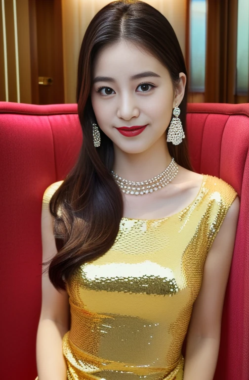 (8k, RAW Photos, highest quality, masterpiece:1.2),(Elegant and glamorous party dress),whole bodyのポートレート,(clear),(Straight Hair),(Black Hair),(Japanese),Female politicians,Smile,Big black eyes,Lip gloss,Necklace facing forward,(Standing upright and at attention),Stiletto heels,(Luxury hotel lounge:1.5),(whole body:1.5),(Cute Face:1.3),(High heels:1.3),(Big Hips 1.3),(Medium thighs:1.3),(Pink lips),(Fine skin:1.3),(Accurate and perfect human anatomy:1.3)，(Exquisite and perfect features:1.3), (Long eyelashes:1.3)，(lips are shiny and、Textured:1.3),(Earrings:1.3),(Beautiful fine details),(Graceful Face:1.3),Look straight at the camera:1.3