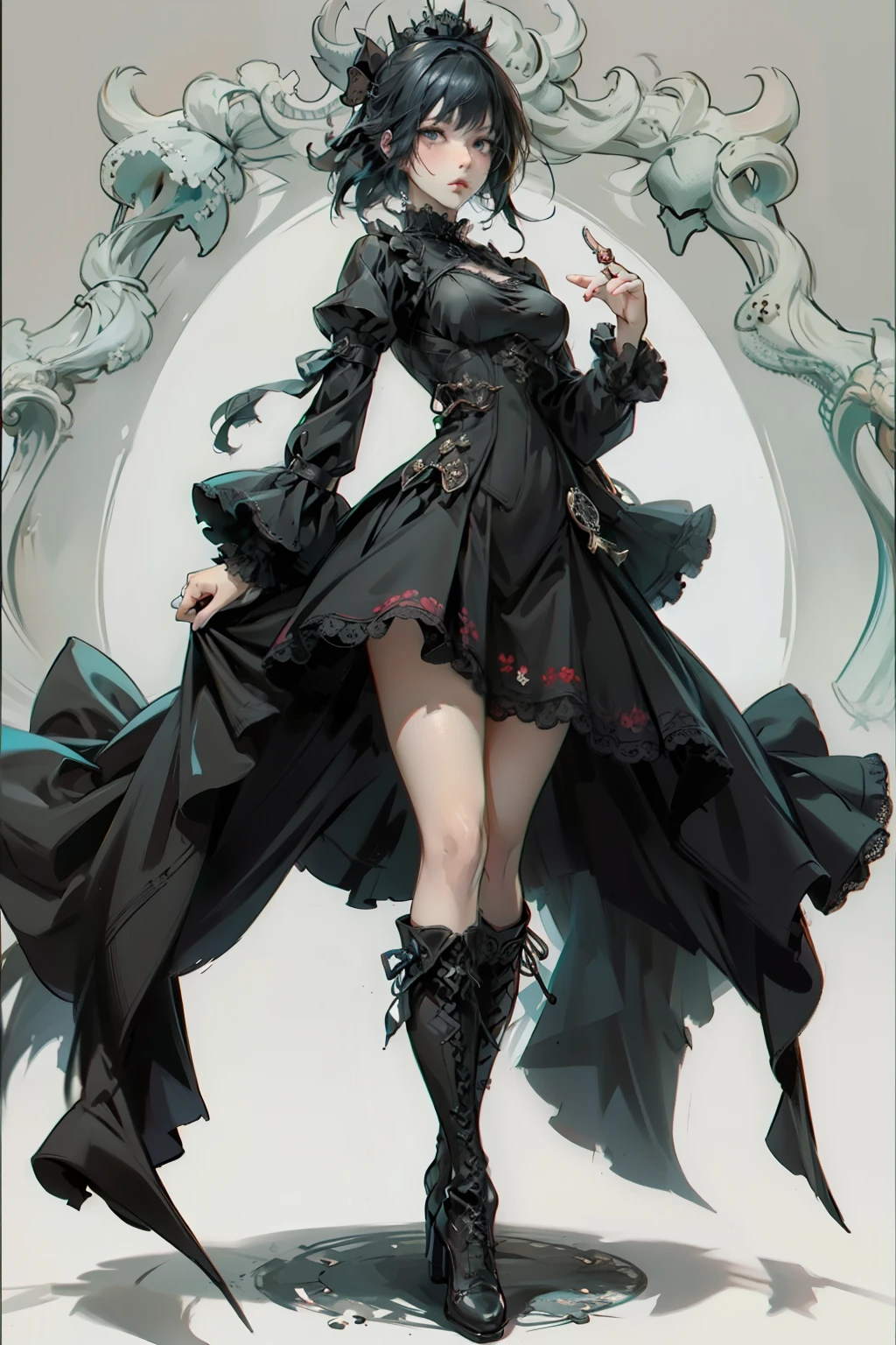 ((best quality)), ((masterpiece)), (detailed), blank white background, plain background, white background, Bloodborne inspired,  occult aesthetic, occult, detailed and intricate steampunk and detailed gothic, NSFW, Very dramatic and cinematic lighting, cosmic horror, grim-dark, side-lighting, perfect face, NSFW, Fluttering lace flared long knee length dress with frilly petticoats, knee length dress, pleated petticoats, lolita dress, petticoats gothic lolita, complex lace boots, side-lighting, gothic lolita aesthetic, beautiful small breasts, small breasts, full body, whole body, body, plain background, white background, blank background, no background, white background NSFW, full body, whole body, head-to-toe
