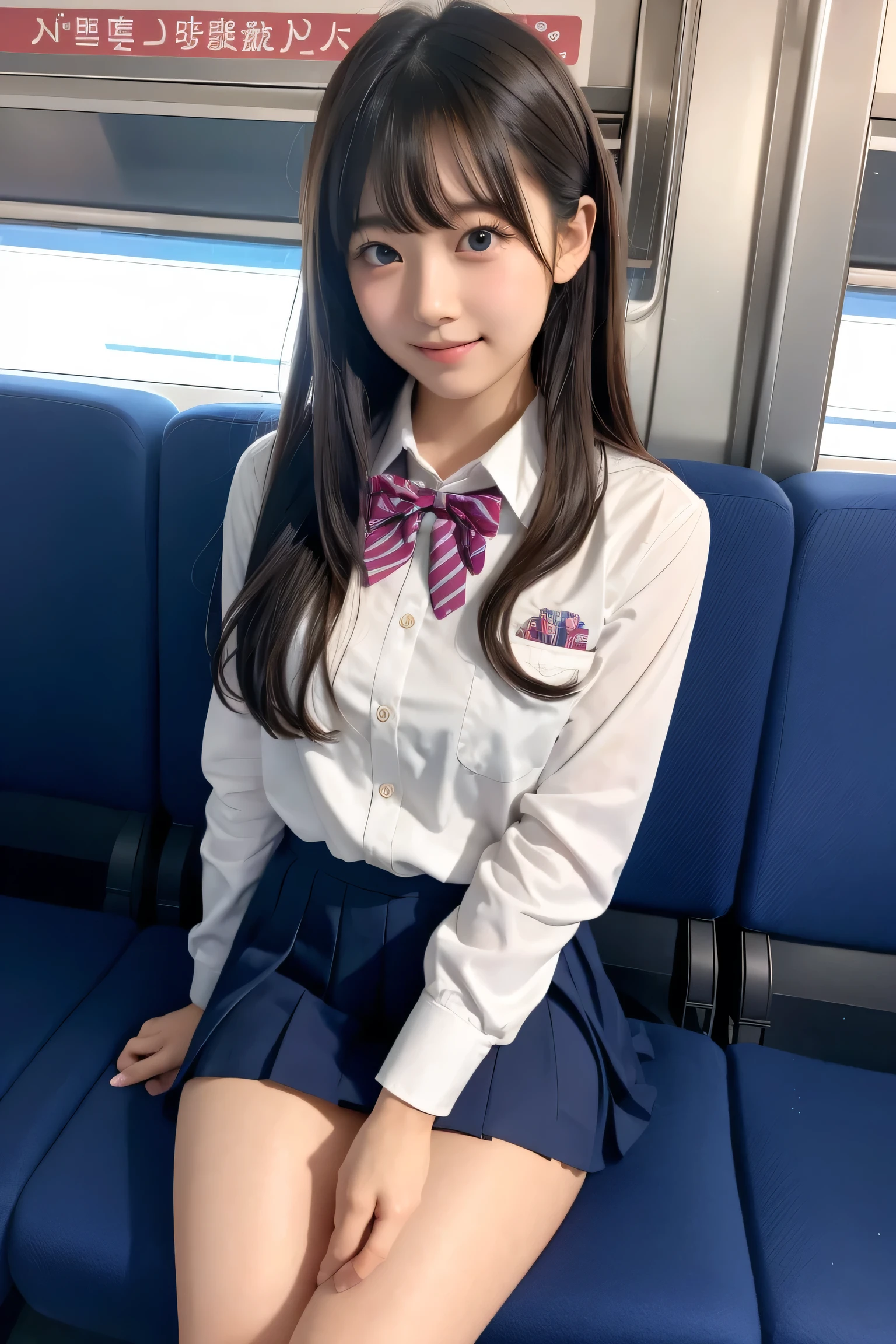 High angle shot、Center View、An Asian woman in a short skirt and bow tie is sitting on a train、Cute school girl、Japanese girls uniform、Wear Japan 、Japanese 、Surreal 、Dressed as a high school girl、Surreal 、Wearing a uniform、Realistic high school girl、Girl in uniform、Wearing a uniform、 Pause、Esbian all over、Beautiful skin、Glowing Skin、Nice thighs、Shining thighs、Shining Legs、barefoot , Japanese High School 、Nogizaka Idol、Korean Idol