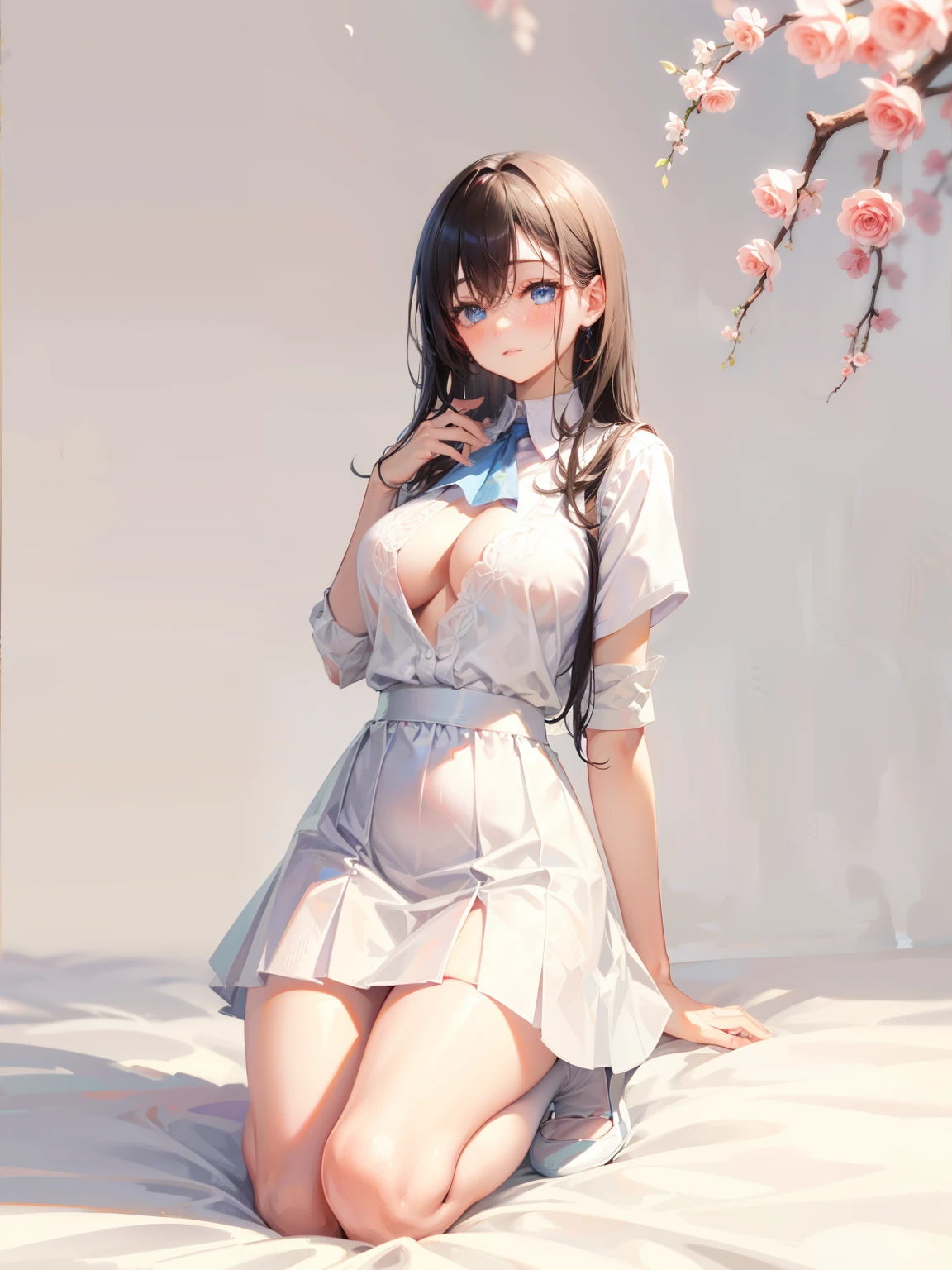 Dynamic posing, dynamic angle, Arrange pose,Top quality work,Show Legs,((long black hair)),((blue eyes)), s old, Rose cheeks, Pretty cute Face, A perfectly proportioned face, wearing top and skirt, white stockings,full-body view, amazing, Large round chest、Beautiful eye details、Beautiful eyelashes、beautiful double eyelid, with blush cheeks, shy, boobs basically popping out of the shirt