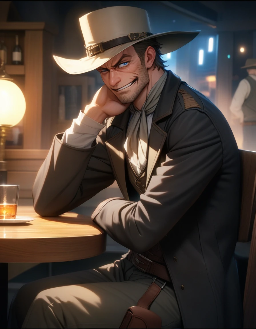 1man, mature gunman, blond, short hair, little scruff, blue eyes, ordinary outlaw, ugly face, super detailed skin, handsome Caucasian, dandy, smirk, BREAK cowboy costume, tengallon hat, black coat, waist holster, 1800s style outfit, BREAK fullbody, solo focus, looking at viewer, indoor, Western bar, at night, sitting on chair, detailed background, from side, romantic expression, cinematic shadows, cinematic lighting, lens flare, light leaks, in eroge style, 8k, sharp vision, extreme all detailed, masterpiece, best quality