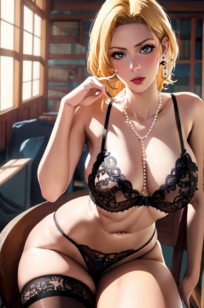 （(Girl sitting on chair in library))、Best quality work，Actual work，jewelry、(Pearl Necklace、Earrings),Ultra Premium Graphics，8K HD CG Works，High quality graphics，High-definition CG works，10x pixels，Extremely fine detail：1.1，Advanced Technical Details：1.1 Photorealistic，Indoor lighting effects：1.5，Natural light：1.5. Light effects（virtual Light effects：1.8）,((Golden white short hair)）、（Bob Hair）, Thin eyebrows，High nose, Nice red lips, Rose Cheeks, A face with subtle makeup , Cute face, perfectly balanced face，(），A light-toned foundation enhances the clarity of your skin.、,((Black lace lingerie)). 40k, photograph, Tabletop, highest quality, Rainy background, ((1 Beautiful eyes light haired girl, White skin, Various poses.((Medium sized breasts,:1.1)), highest quality, Tabletop, Ultra-high resolution, (Realistic:1.4), RAWphotograph, (Perfect figure), (slim:1.3), Slim abdomen, Perfect slim figure, Dynamic Pose, alone, Cold light 12000K, Very detailed facial and skin texture, Fine grain, Realistic eyes, Beautiful fine grain, (Realistic Skin), Charm, 超A high resolution, Surreal, Very detailed、(Black Stockings)、(Sexy pose)