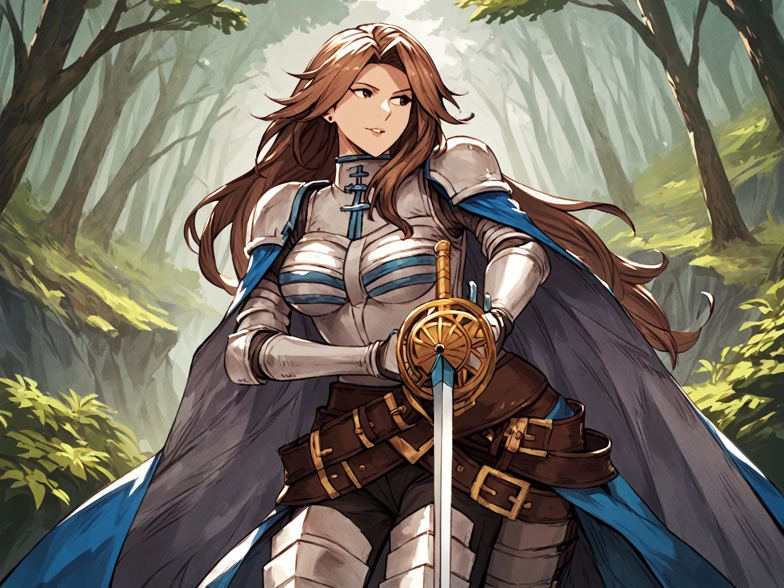 score_9, score_8_up, score_7_up, score_6_up, score_5_up, score_4_up, rating_explicit,
BREAK
1girl, katalina \(granblue fantasy\), brown hair, parted bangs, long hair, brown eyes, adult, mature, looking away,
BREAK
solo, standing, armor, cape, holding sword, walking,
BREAK
forest, cinematic, detailed background, dynamic pose, angled shot, dynamic angle, sunbeam, 