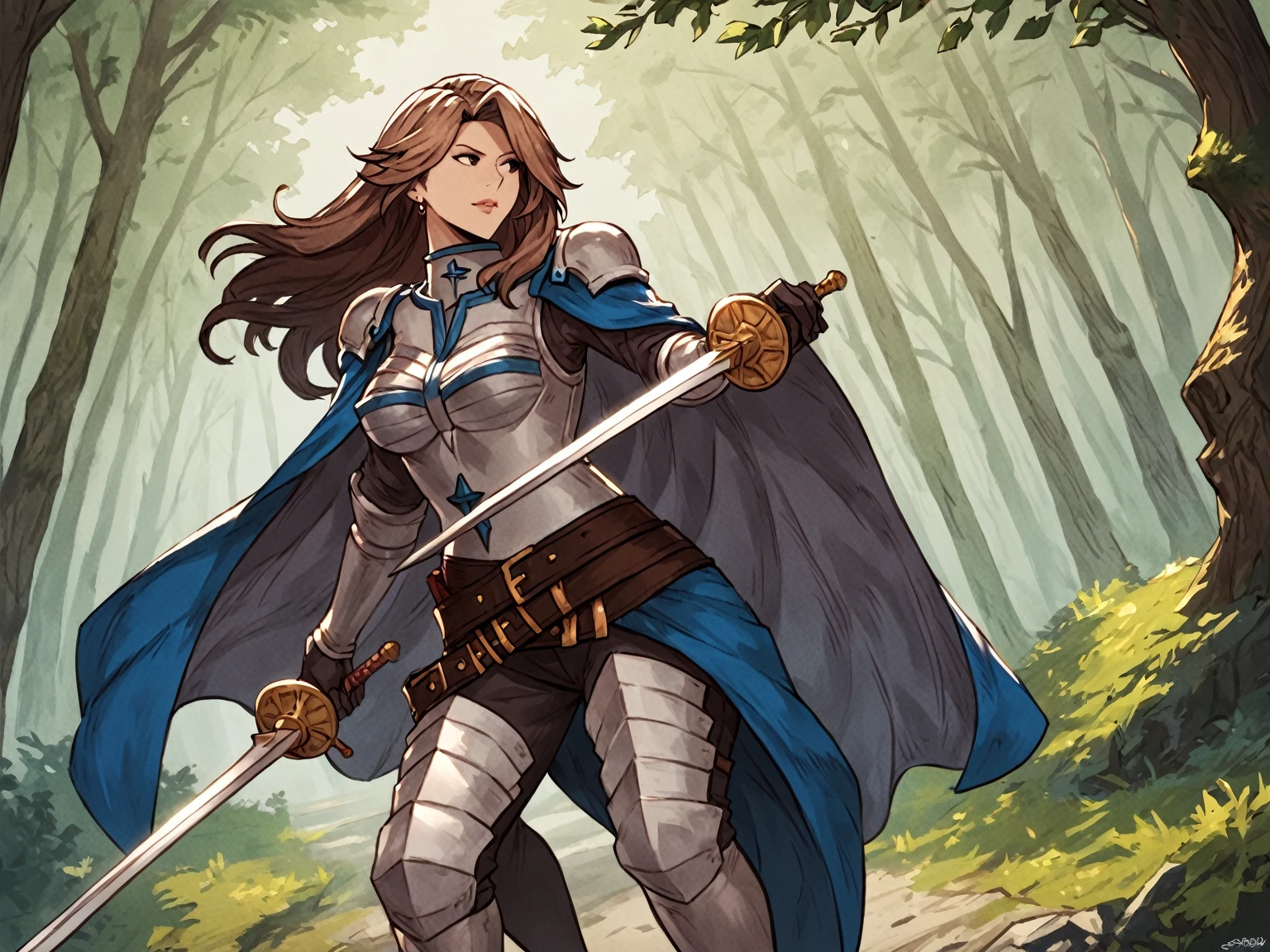 score_9, score_8_up, score_7_up, score_6_up, score_5_up, score_4_up, rating_explicit,
BREAK
1girl, katalina \(granblue fantasy\), brown hair, parted bangs, long hair, brown eyes, adult, mature, looking away,
BREAK
solo, standing, armor, cape, holding sword, walking,
BREAK
forest, cinematic, detailed background, dynamic pose, angled shot, dynamic angle, sunbeam, 