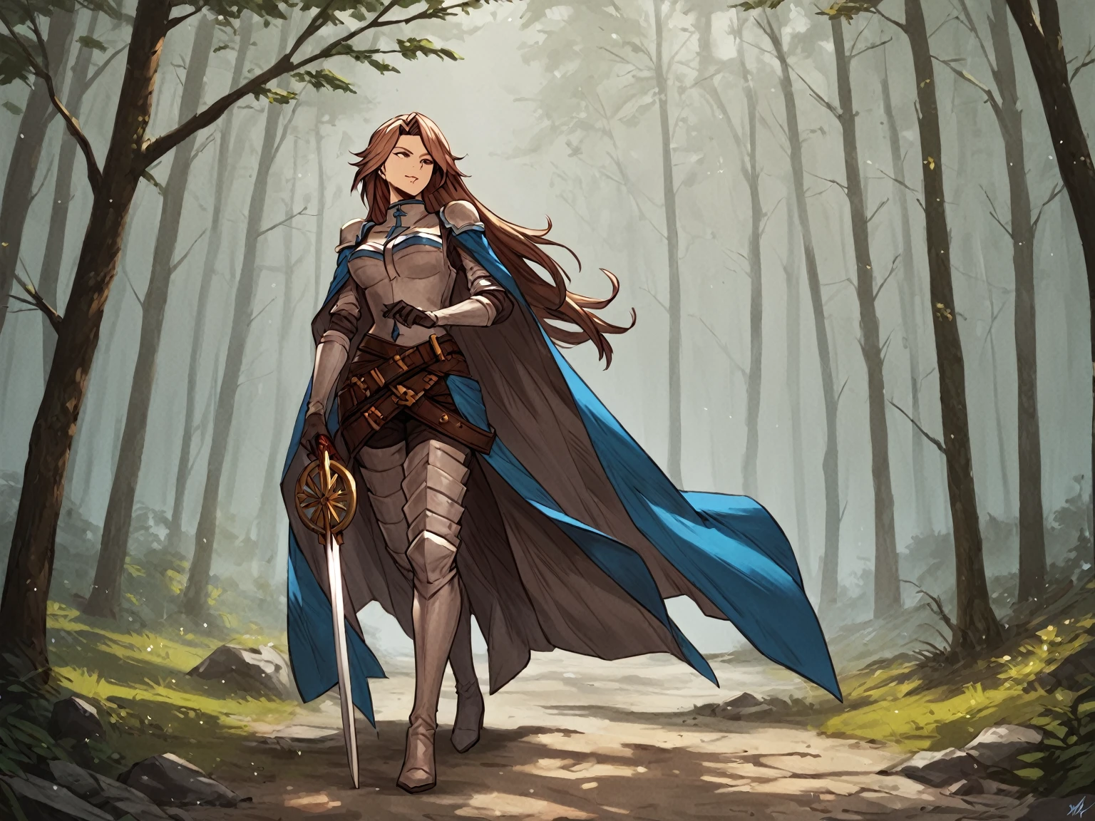 score_9, score_8_up, score_7_up, score_6_up, score_5_up, score_4_up, rating_explicit,
BREAK
1girl, katalina \(granblue fantasy\), brown hair, parted bangs, long hair, brown eyes, adult, mature, looking away,
BREAK
solo, standing, armor, cape, holding sword, walking,
BREAK
forest, cinematic, detailed background, dynamic pose, angled shot, dynamic angle, sunbeam, 