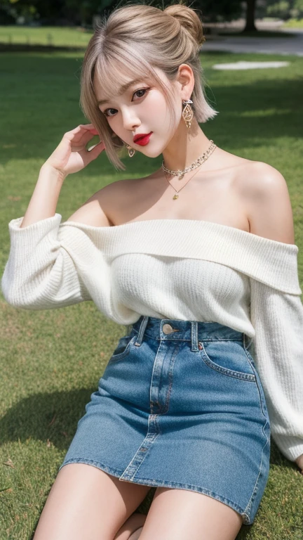 (8k, Photorealistic, Raw photo, Highest quality: 1.4),Japanese idol style１Beautiful girl of the person,20-year-old,Short bob hairstyle,Silver Hair,Hang your hair over your ears,Wearing small earrings in the ears,Big, clear grey eyes,Long eyelashes,Plump Cheeks,She is wearing pink lipstick,Apply gloss over your lipstick for glossy, plump lips,A short pendant hangs around her neck.,Wearing an off-the-shoulder summer knit,Wearing a denim mini skirt,barefoot,On the grass in the park,Full body portrait