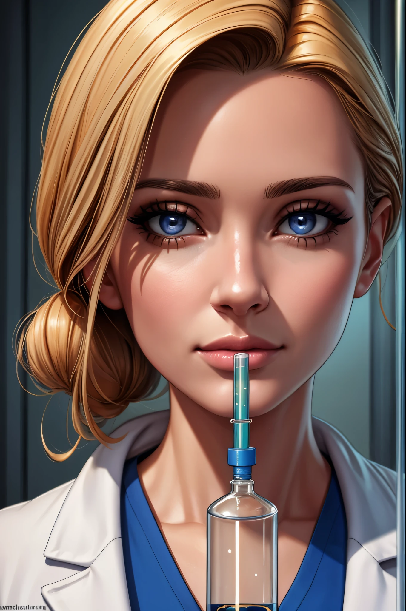 amazing realistic highly detailed portrait of a scientist lady, beautiful detailed eyes, beautiful detailed lips, extremely detailed eyes and face, long eyelashes, woman wearing lab coat, holding test tube, laboratory equipment, scientific experiments, intricate details, photorealistic, 8k, best quality, masterpiece, cinematic lighting, warm color tones
