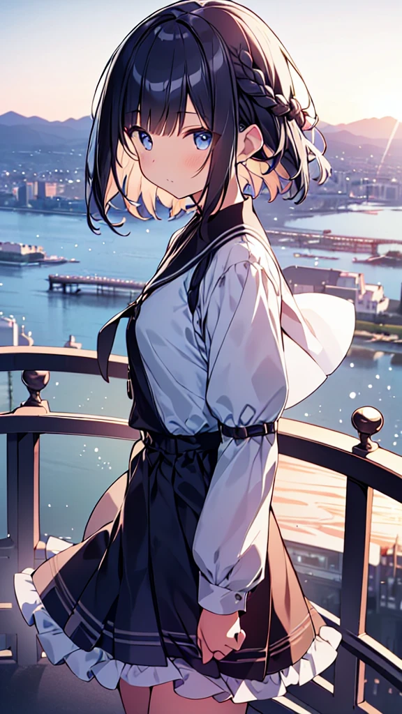 masutepiece, Best Quality,Illustration, Wallpaper, Ultra Detail, absurderes, 1girl in, Solo, (Medium short hair、short braided hair), Beautiful detailed eyes , luminous sky、Hair that flutters in the wind,(a panoramic view:1.3),(Sense of depth:1.5),(longshot:1.5)