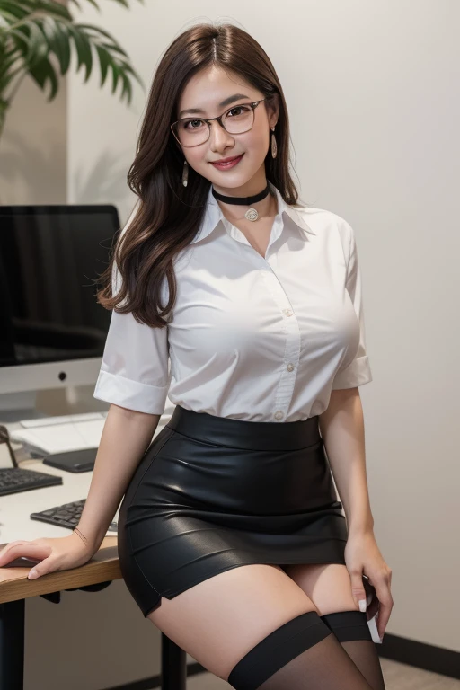 Japanese woman sitting in an office room, White wall, Grey table, plant ,smile, (((masterpiece))), ((highest quality)), ((Intricate and detailed)), ((Surreal)), Absurd resolution, 29-year-old, Mature Woman, perspective, Very detailed, figure, One girl, (voluptuous), Beautiful fine details, Long Hair, Brown eyes, Name tag, chief executive officer（CEO）, Glasses, (business attire:1.2), Office Shirt, Tight Skirt, Black choker, Earrings, stockings, Detailed Background, Perfect Eyes, Seductive eyes, Looking at the audience, from the front