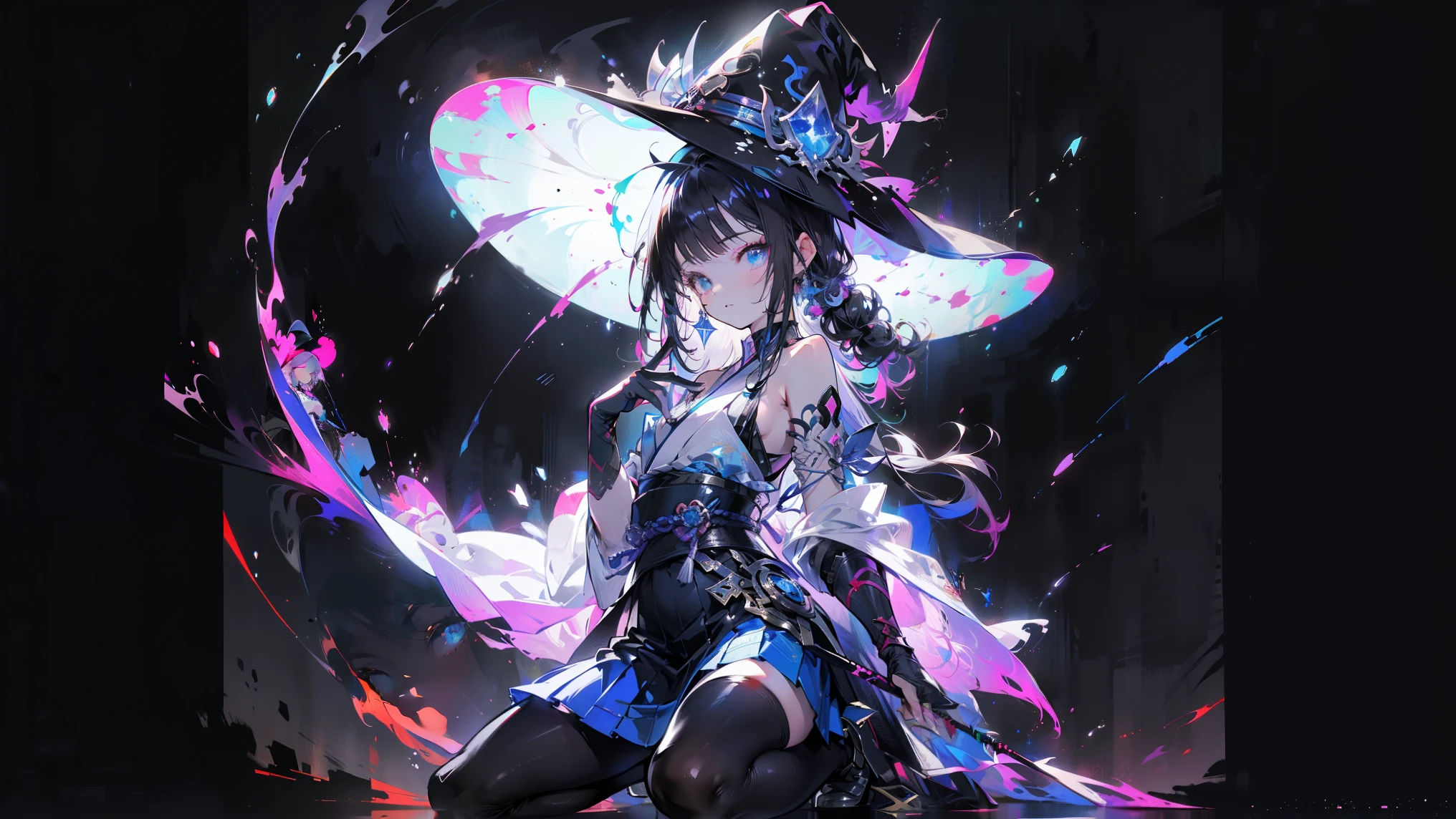 Blue Skirt,Solo Female, alone, (Kneel), (Kneel on white glass surface), (At the very least, small), , (Witch Hat), Carly, View your viewers, Panoramic View, Vision, Beginning with the night of the ark, artstation Popular topics on pixiv, Arc Knight, Digital art on pixiv,onmyoji detailed art, Japanese anime fantasy illustration, author:hero, Anime Art Wallpapers 8K, Sky Witch, pixiv style, anime art wallpaper 4k, anime art wallpaper 4k, Ink painting style