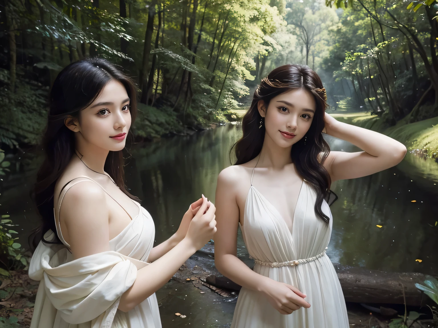 Giorgione painting style,Barbizon forest A beautiful woman in Greek dress smiles on the shore,Sweet and seductive appearance.、Caravaggio's paintings、Chiaroscuro of Caravaggio、hair tousled by the wind,Two women frolicking,cute smile, expression of ecstasy,Sexy,erotic, full body portrait