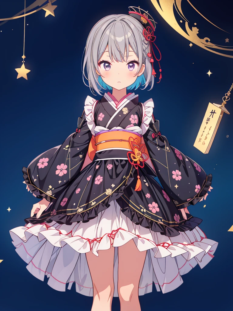translation:,highest quality、8hair,Handsome face、VTuber - whole body、A picture of the front straight towards the viewer、starの妖精、Full body front portrait、front、One girl,highest quality、masterpiece、Official Art、Very detailed、so beautiful、Cute starの妖精、Gray hair straight short、milky way、universe、star charm、star、Baby Face、hairnee-high boots、Japanese pattern dress、A beautiful girl wearing a black and white outfit made from a remade yukata.、Oiran frill dress reminiscent of universe、Colorful portrait