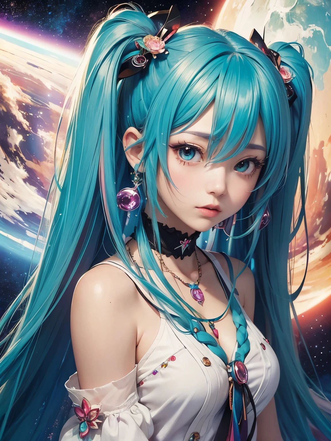 (masterpiece、highest quality、highest quality、Official Art、Beautiful and beautiful:1.2)、(One girl:1.3)Hatsune Miku、Twin tails,Beautiful breasts,Close-up of a woman with Rich and colorful hair and necklace, Space Hair Anime Girl, The soft vibrancy of Ross Drose, Goobs-inspired artwork, Fantasy art style, Rich and colorful], Vivid fantasy style, Ross Draw&#39;s cartoons are vivid., cosmic and Rich and colorful, Gweitz, Rich and colorful digital fantasy art, Great art style, Beautiful anime style, White skin, Chivalry Costume,