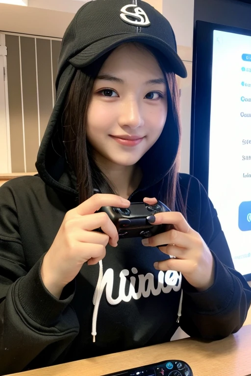((best quality)), ((masterpiece)), (detailed), 1girl, black hoodie , black cap , playing mobile phone , cute posing , cute face , masterpiece , gaming computer on the background , perfect hands , beautiful straight black long hair , cute smiles , sweet heart