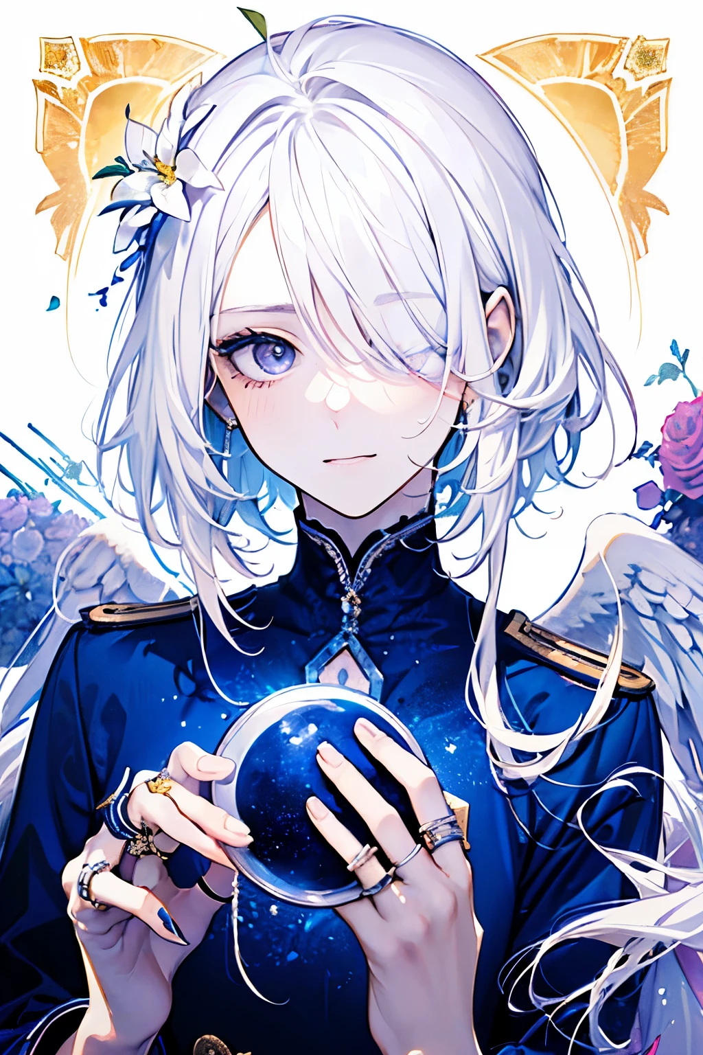 ((17years old man:1.2)),((male:1.5)),masterpiece, best quality,(milky White hair:1.45), (portrait),(shiny NAVY eyes:1.5), white wedding dress,(pop and cute flower pattern background), (perfect hand:1.2),(pink,yellow,purple,white),looking front,((Her bangs are so long that they cover one eye:1.3)),Mischievous smile,(Looking up:1.2),((upper body)),((Top view:1.1)),((Angel ring:1.3))