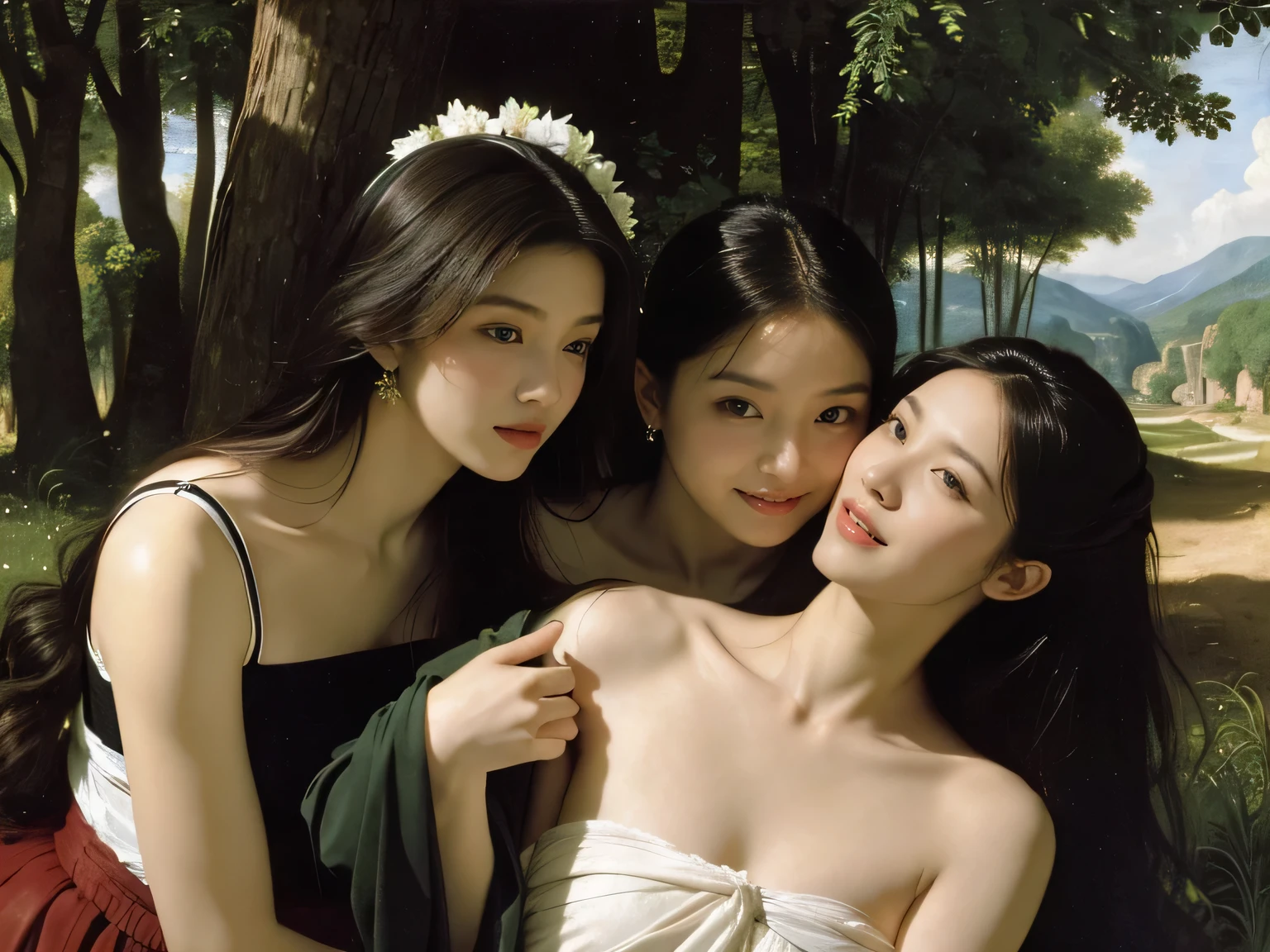 Giorgione painting style,Barbizon forest A beautiful woman in Greek dress smiles on the shore,Sweet and seductive appearance.、Caravaggio's paintings、Chiaroscuro of Caravaggio、hair tousled by the wind,Two women frolicking,cute smile, expression of ecstasy,Sexy,erotic, full body portrait