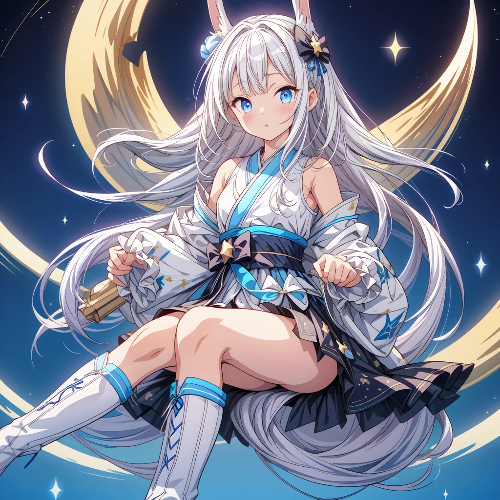 Sitting on the crescent moon、A spaceship with a cute rabbit face、Star Fairy、(((One girl)))、Lower Body Shot、Focus on the boots、vtuber half body、Star Fairy、「Beautifully printed galaxy patterned kimono and gothic lolita outfits.、Space Pattern Ruffle Box Pleated Mini Skirt、Frontal portrait、Knee-high boots、Captivating eyes、Perfect and amazing face、Exquisite detail、Clear images、highest quality。」Milky white and blue gradient straight long hair、