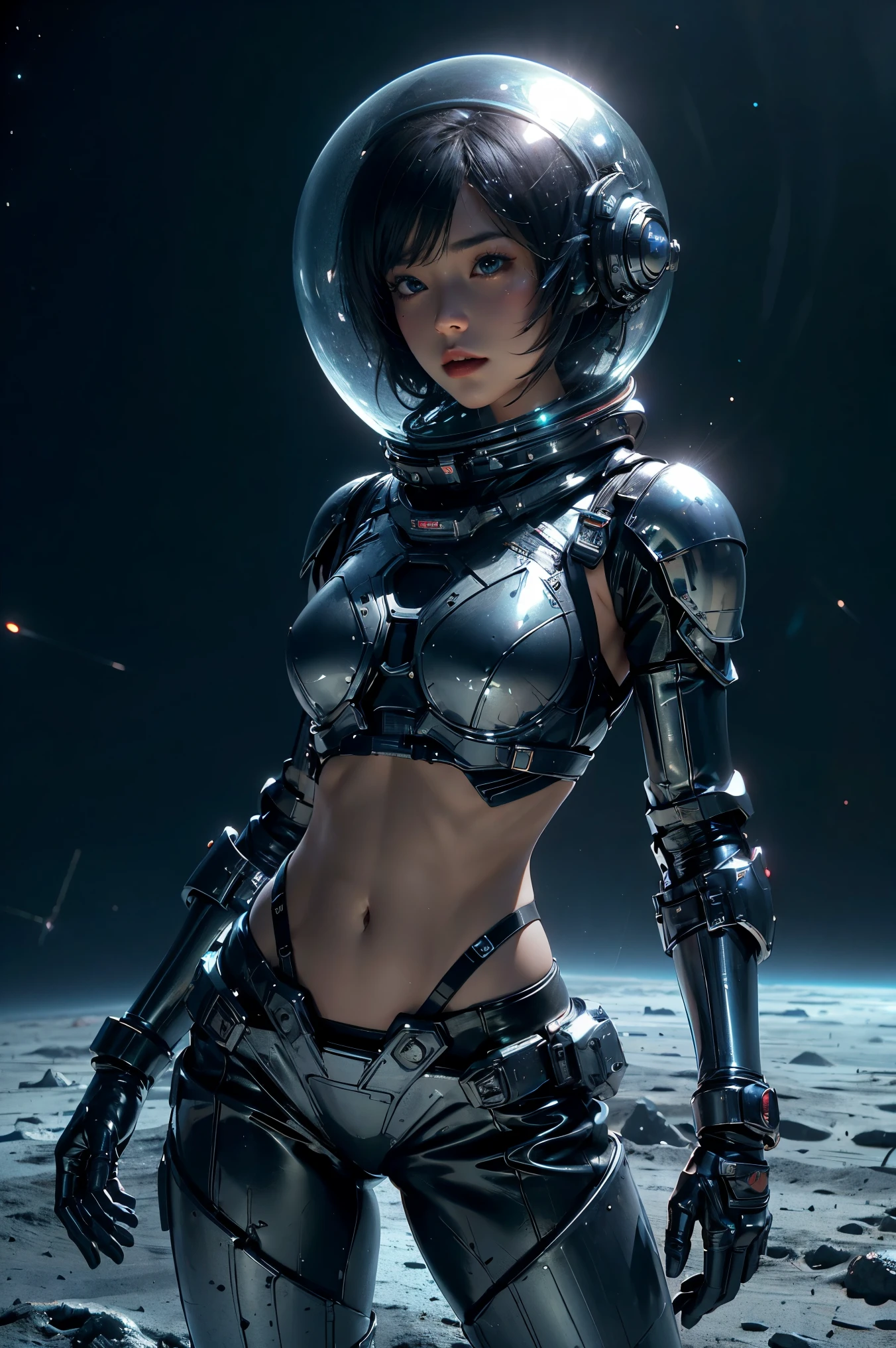 a girl in spacesuit, fully exposed midriff, bare waist,cowboy-shot, in outer space, desolate alien cold planet,transparen space-helmet,Transparent full-face helmet ,((bikini top)),((metal Bikini armor)), sexy exposed midriff, full metallic armor, bare midriff and waist, open abdomen, fully exposed abdomen, cowboy-shot, realistic, photorealistic, high quality, 8k, extremely detailed, masterpiece, dynamic pose, dramatic lighting, cinematic, sci-fi, futuristic, vibrant colors