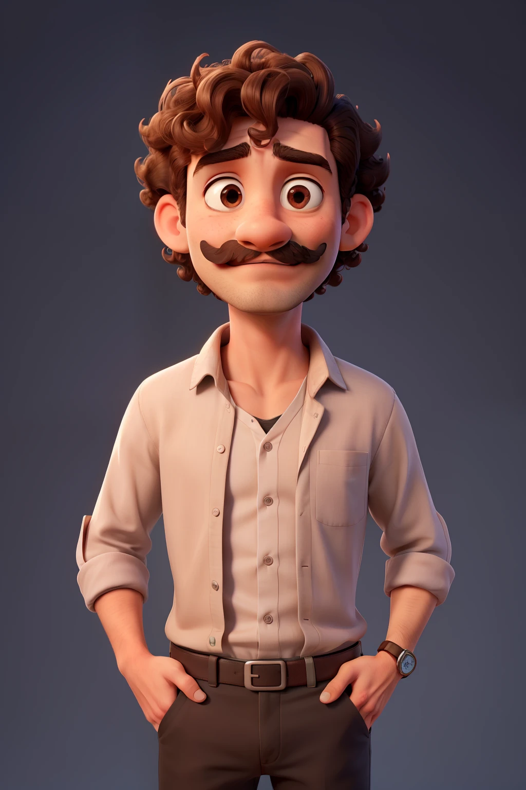 A boy with beautiful Curly hair with Handle bar moustache and medium beard with a good chest wearing a simple formal shirt without speticles looking like a techie with a plain background.