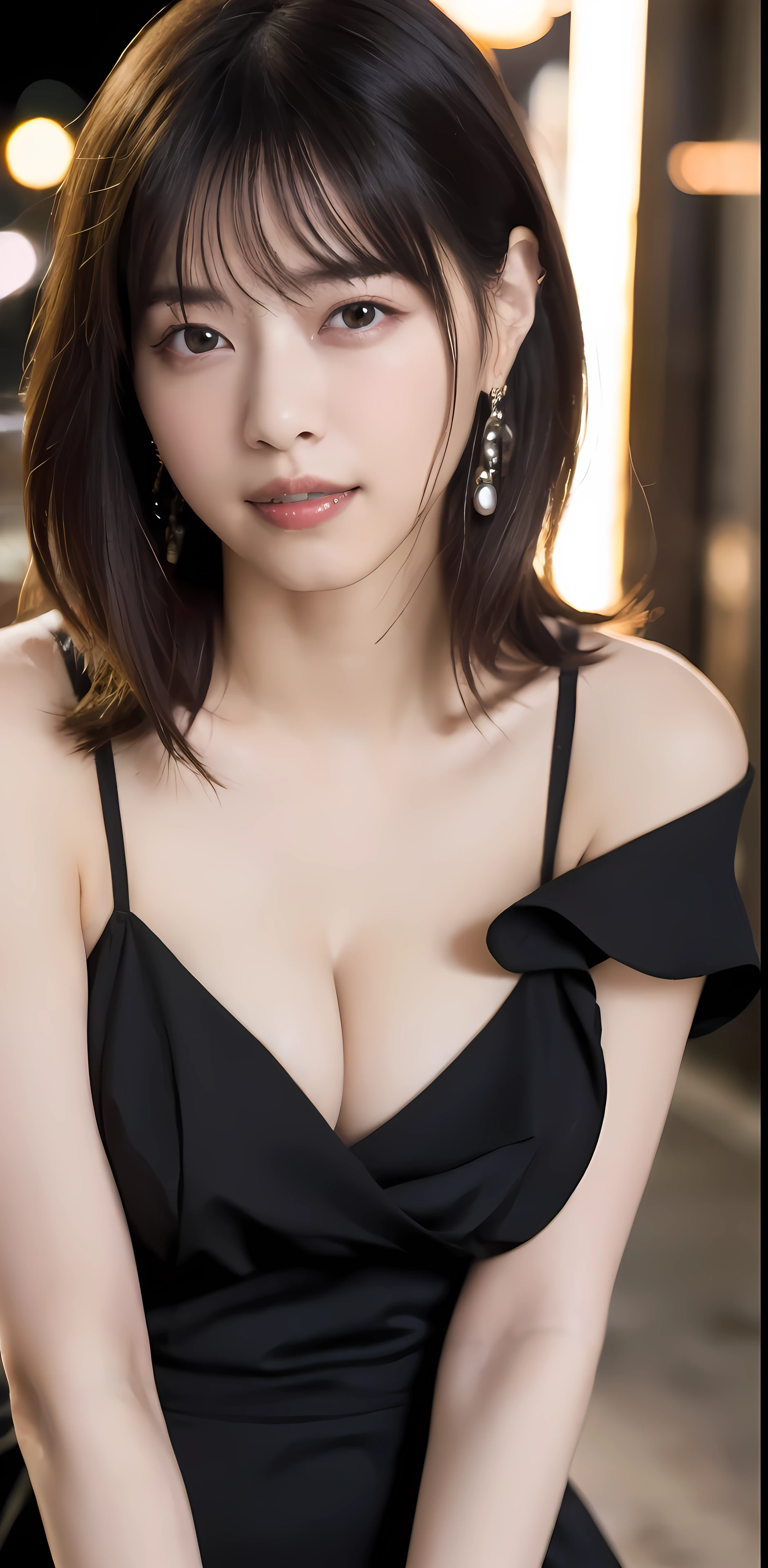 Random Pause, Mix 4, (8k, RAW Photos, highest quality, masterpiece: 1.45), (Realistic, Realistic: 1.37), One Girl, cute, Laughter、Cityscape, night, Professional Lighting, Cafe,street,Photon Mapping, Radio City, Physically Based Rendering, Gradient black hair, Gray Hair, Medium length loose hair, good looking, With a girl, (Large Breasts、Saggy breasts、Soft Breasts、Breast that is about to spill:1.2),Off-the-shoulder slip dress, best quality photos, High resolution, 1080p, (Clear Face), (Detailed face description), (Detailed hand description), (masterpiece), real, Extreme light and shadow, Disheveled Hair, masterpiece, Rich details, (Beautiful Face), (best quality photos), (masterpiece), (Detailed), dual、Look in front of you, Thin clavicle,Emphasis on armpits、You can see the chest、nipples are not visible、Her voluptuous thighs are visible through the slit..、Head to knee photo
