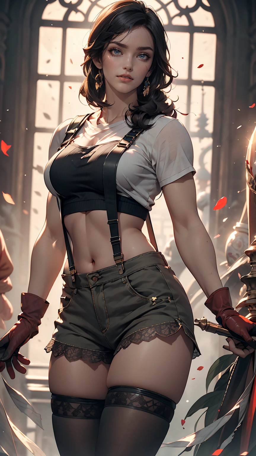 (8k, highest quality, masterpiece:1.2), (Realistic, photo-Realistic:1.37), Are standing, Spread your legs, (Wide stance), Super detailed, 1 girl,cute, alone, (Tifa Lockhart), (medium breasteautiful detailed eye), (smile:1.2), (Mouth closed), Sharp focus, Depth of written boundary, Good composition, Final Fantasy VII, Black Hair, Very long straight hair, Hair bangs, ((red_eye)), complicated, Perfect breasts, suspenders, stockings, Lace gloves, Toned body, Athletic ability, Wide Hips, Narrow waist, Toned arms, Exposing the abdomen, (View from the front)