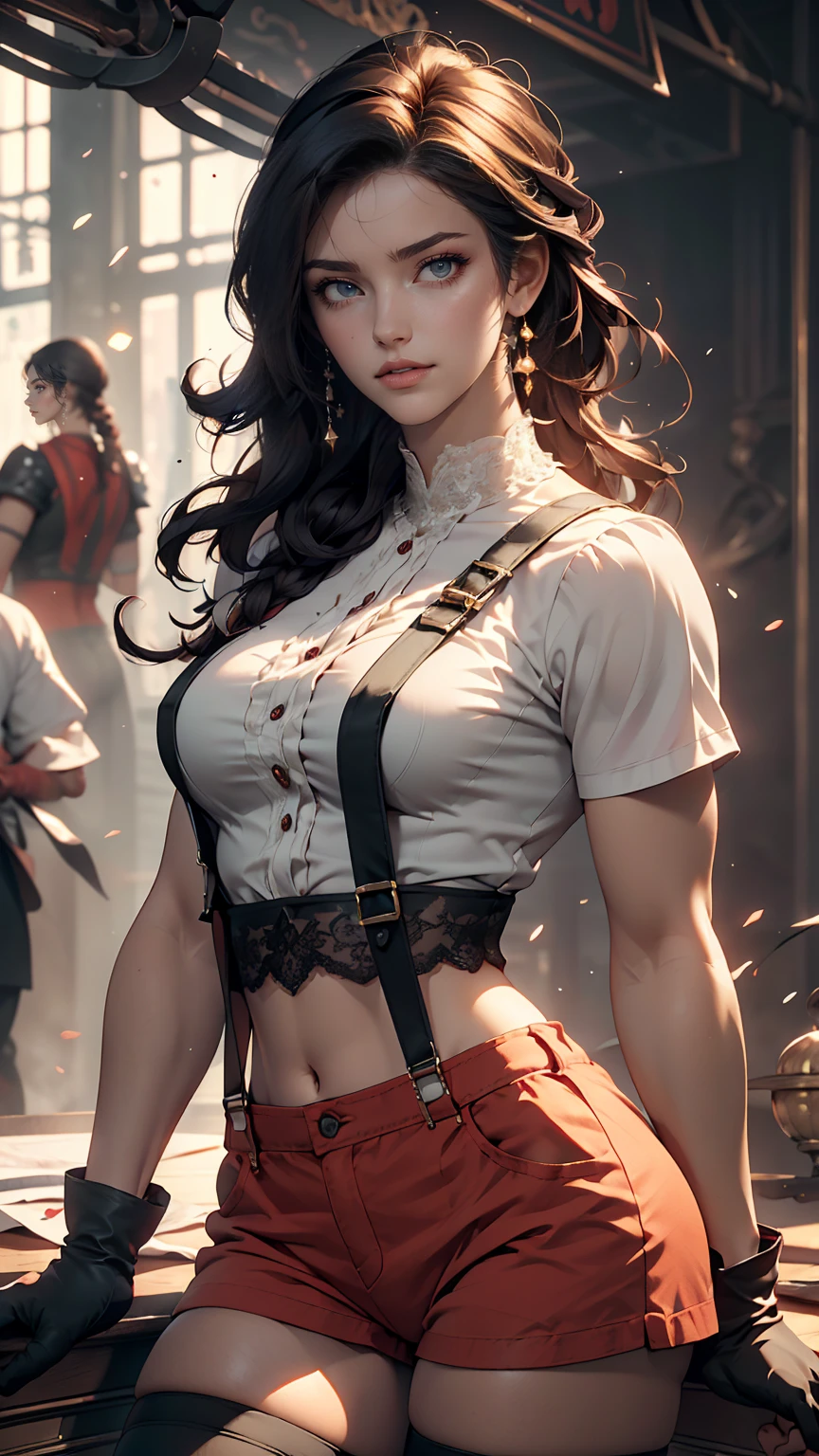 (8k, highest quality, masterpiece:1.2), (Realistic, photo-Realistic:1.37), Are standing, Spread your legs, (Wide stance), Super detailed, 1 girl,cute, alone, (Tifa Lockhart), (medium breasteautiful detailed eye), (smile:1.2), (Mouth closed), Sharp focus, Depth of written boundary, Good composition, Final Fantasy VII, Black Hair, Very long straight hair, Hair bangs, ((red_eye)), complicated, Perfect breasts, suspenders, stockings, Lace gloves, Toned body, Athletic ability, Wide Hips, Narrow waist, Toned arms, Exposing the abdomen, (View from the front)