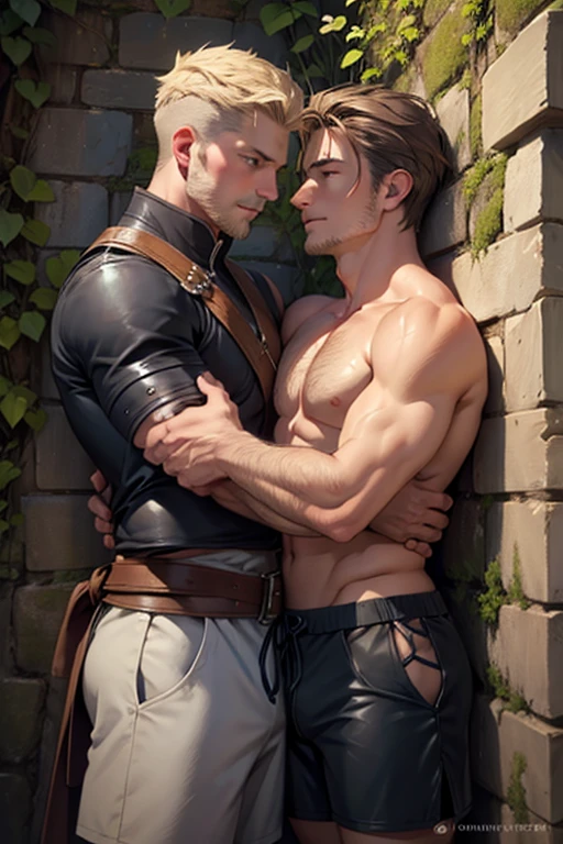 2 men, Photo-realistic, close-up. A 24-year-old male, medieval warrior, with shaved blonde hair, stubble, and blue eyes, shirtless, wearing gray leather shorts, and a 19-year-old, fit, handsome, medieval man with shaved, brown hair, slight stubble, and blue eyes, shirtless. They look blissfully at each other, cuddling with each other, leaning on a castle wall on a crisp spring morning.