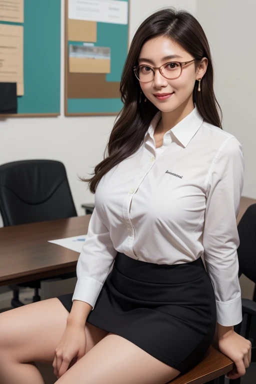 Japanese woman sitting in an office room, White wall, Grey table, plant ,smile, (((masterpiece))), ((highest quality)), ((Intricate and detailed)), ((Surreal)), Absurd resolution, 29-year-old, Mature Woman, perspective, Very detailed, figure, One girl, (voluptuous), Beautiful fine details, Long Hair, Brown eyes, Name tag, chief executive officer（CEO）, Glasses, (business attire:1.2), Office Shirt, Tight Skirt,  Earrings, stockings, Detailed Background, Perfect Eyes, Seductive eyes, Looking at the audience, from the front