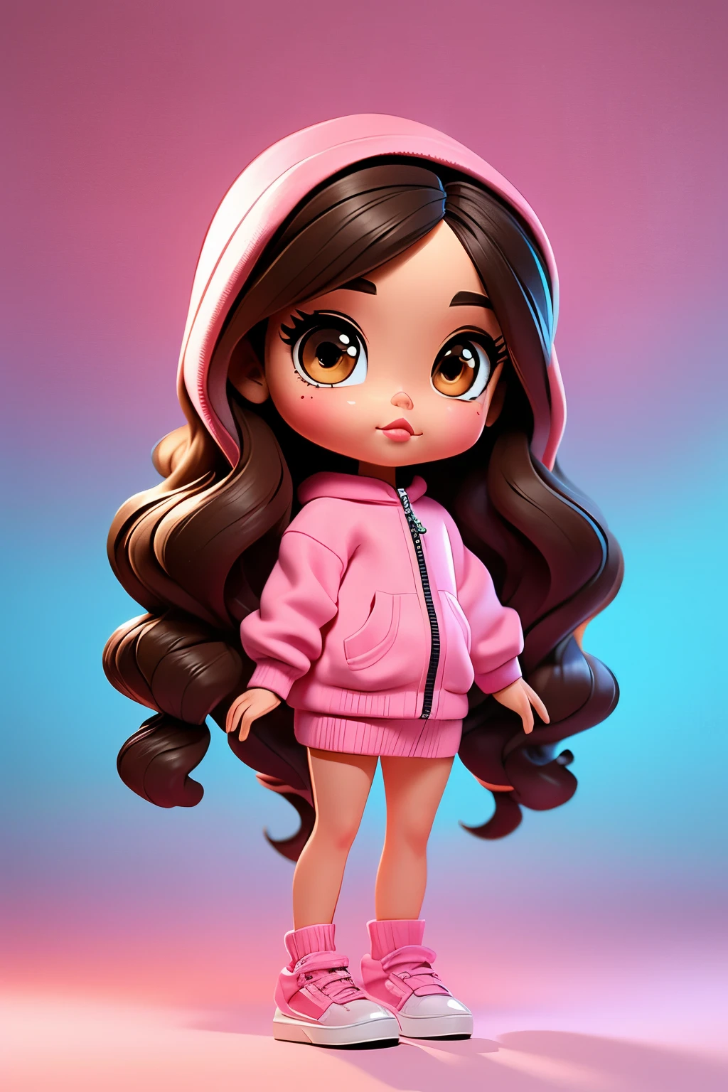 A bratz doll, with long brown hair, brown eyes, wearing a pink sweatshirt, young girl,