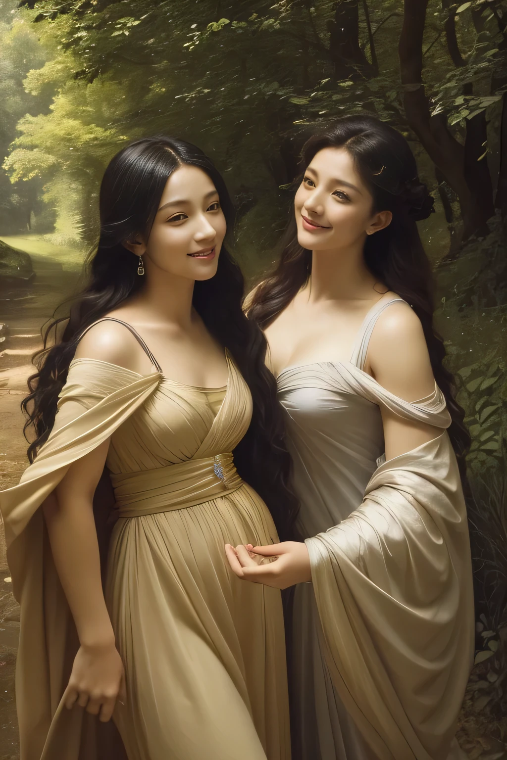Giorgione painting style,Barbizon forest A beautiful woman in Greek dress smiles on the shore,Sweet and seductive appearance.、Caravaggio's paintings、Chiaroscuro of Caravaggio、hair tousled by the wind,Two women frolicking,cute smile, expression of ecstasy,Sexy,erotic, full body portrait