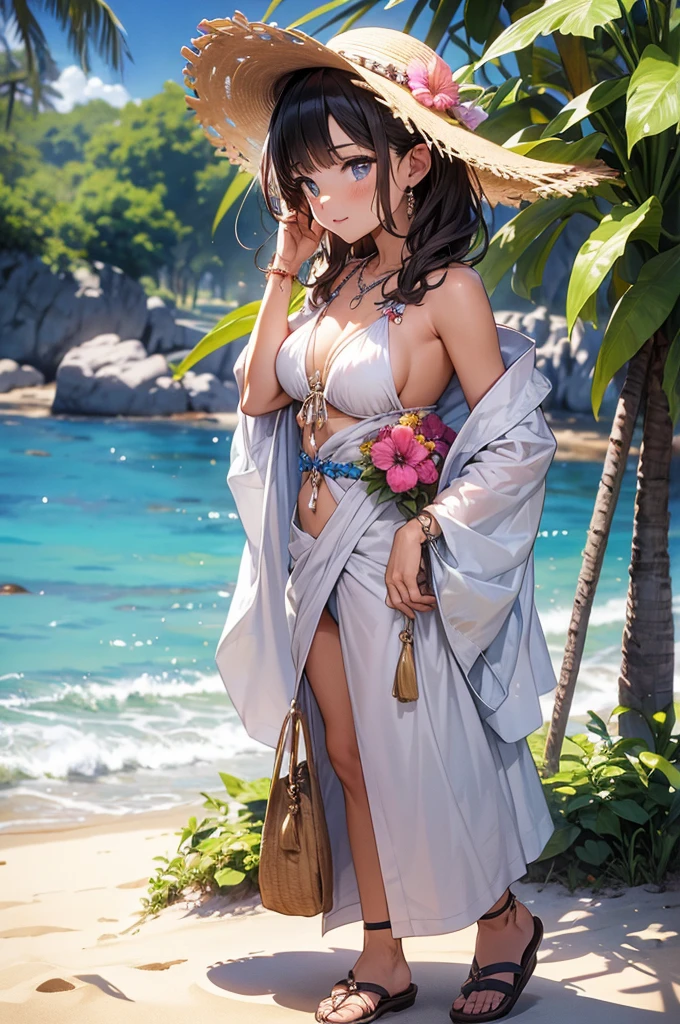 A woman standing on a sandy beach, dressed in a boho-inspired swimsuit or cover-up with intricate patterns or tassels. She accessorizes with layered necklaces, a wide-brimmed hat, and a flowing kimono or sarong. A woven beach bag with fringe details and a pair of sandals sit nearby, and she’s surrounded by boho elements like a beach blanket, flowers, and perhaps a ukulele.