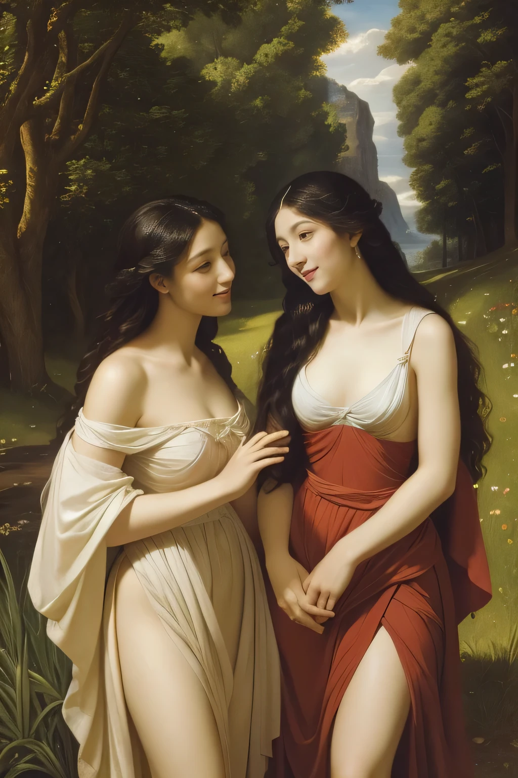 Giorgione painting style,Barbizon forest A beautiful woman in Greek dress smiles on the shore,Sweet and seductive appearance.、Caravaggio's paintings、Chiaroscuro of Caravaggio、hair tousled by the wind,Two women frolicking,cute smile, expression of ecstasy,Sexy,erotic, full body portrait