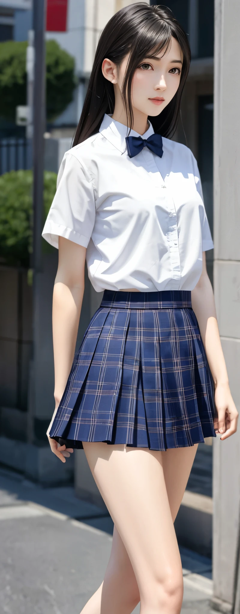 {top quality, masterpiece}, (Realistic: 1.3), (photo Realistic: 1.3), wallpapers, BREAK {{{FF7, Tifa_lockhart, solo}}},{{{Japan JK uniform, White short-sleeved shirt, Navy Blue Plaid Pleated Skirt, Dark blue short socks, loafers, see through shirt}}}, (background big city,shibuya:1.1),{{{gravure pose, Nogizaka idol}}}, Ultra-detailed face, Detailed eyes, Red eyes, BREAK (black brown hair, Large breasts: 1.0),  BREAK  About 18 years old, (no bra), kawaii, sensual, looking away, Beautiful legs, {{{erotic eyes, erotic mouth, erotic face}}}, {{{behind view, back hair, calf}}}, {{{walking}}}, focus on legs , under body