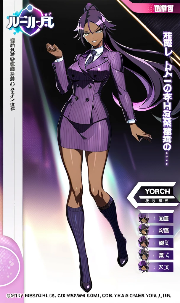 Full body Yoruichi as a thin Black business woman in a double breasted pinstripe purple skirt suit while wearing a tie with a very long purple pinstripe skirt and with purple knee socks full art
