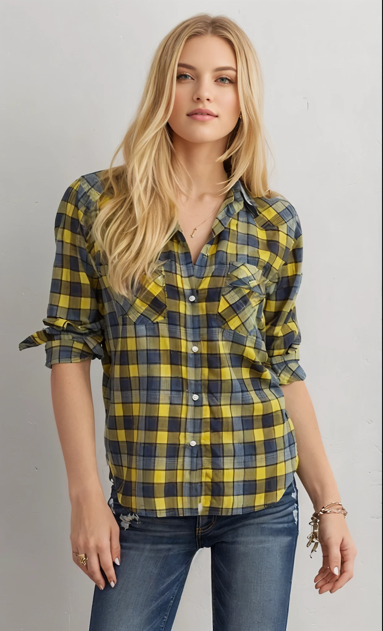 a woman in a yellow and blue plaid camisa poses for a picture, plaid camisa, wearing a flanela camisa, wearing plaid camisa, flanela, wearing a plaid camisa, button - up camisa, roupas ocidentais, lumberjack flanela, button up camisa, wearing in camisa, camisa, wearing a camisa and a jean, blusas largas, collared camisa