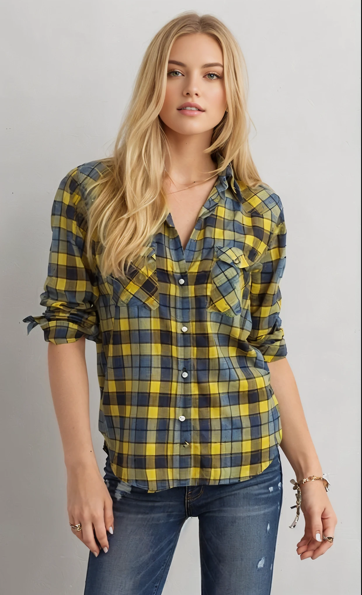 a woman in a yellow and blue plaid camisa poses for a picture, plaid camisa, wearing a flanela camisa, wearing plaid camisa, flanela, wearing a plaid camisa, button - up camisa, roupas ocidentais, lumberjack flanela, button up camisa, wearing in camisa, camisa, wearing a camisa and a jean, blusas largas, collared camisa