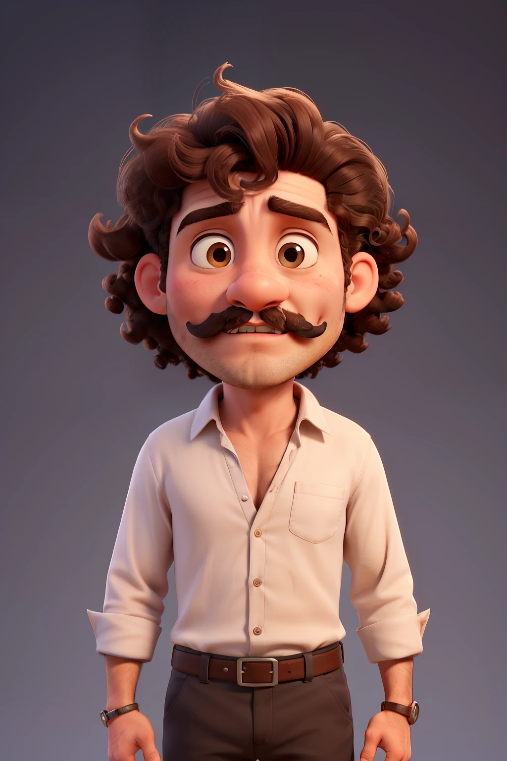 A boy with beautiful Curly hair with Handle bar moustache and medium beard with a good chest wearing a simple formal shirt without speticles looking like a techie with a plain background.