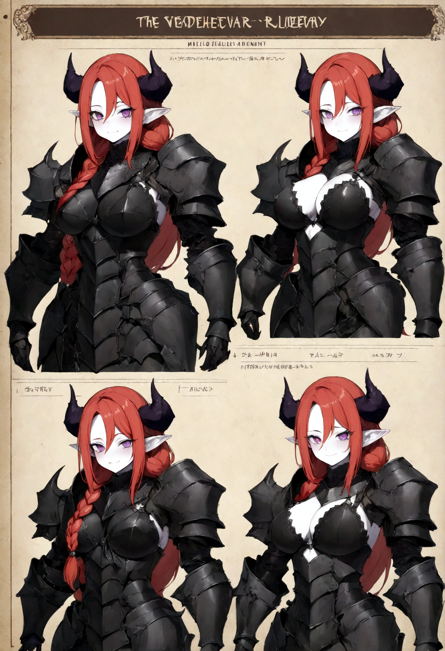 (Masterpiece, best quality), detailed, character sheet, many items (the same person, medieval royal armor, demonic heavy armor, fullplate armor, many parts), athletic, busty, demon, demon girl, detailed beautiful purple eyes, detailed face, pointy ears, red hair and white skin, braided ponytail, demon horns, full of details.