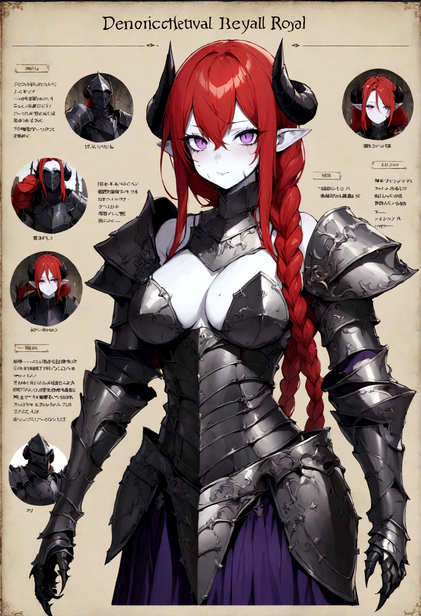 (Masterpiece, best quality), detailed, character sheet, many items (the same person, medieval royal armor, demonic heavy armor, fullplate armor, many parts), athletic, , demon, demon girl, detailed beautiful purple eyes, detailed face, pointy ears, red hair and white skin, braided ponytail, demon horns, full of details.
