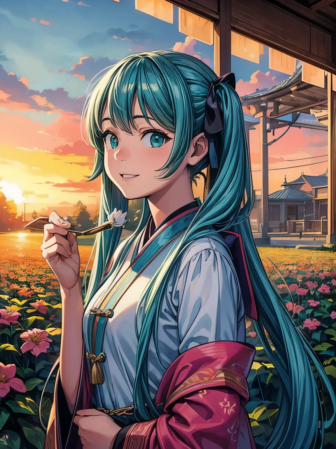 (masterpiece、highest quality、highest quality、Official Art、Beautiful and beautiful:1.2)、(One girl:1.3)Hatsune Miku、Twin tails,Beautiful breasts,award winning Digital Art, Half-body portrait of a beautiful woman in Tang Dynasty costume, Move your head、Long, flowing hair in an azure, turquoise hairstyle, Big smile, Sparklingした目, sexy, In the flower field, Golden sunset, Particles Dust, Sparkling, Paint splashes, Splash, Overtake, Vaporware, Shaded flat illustration, Digital Art, Trending on Art Station, Very detailed, The finer details, complicated