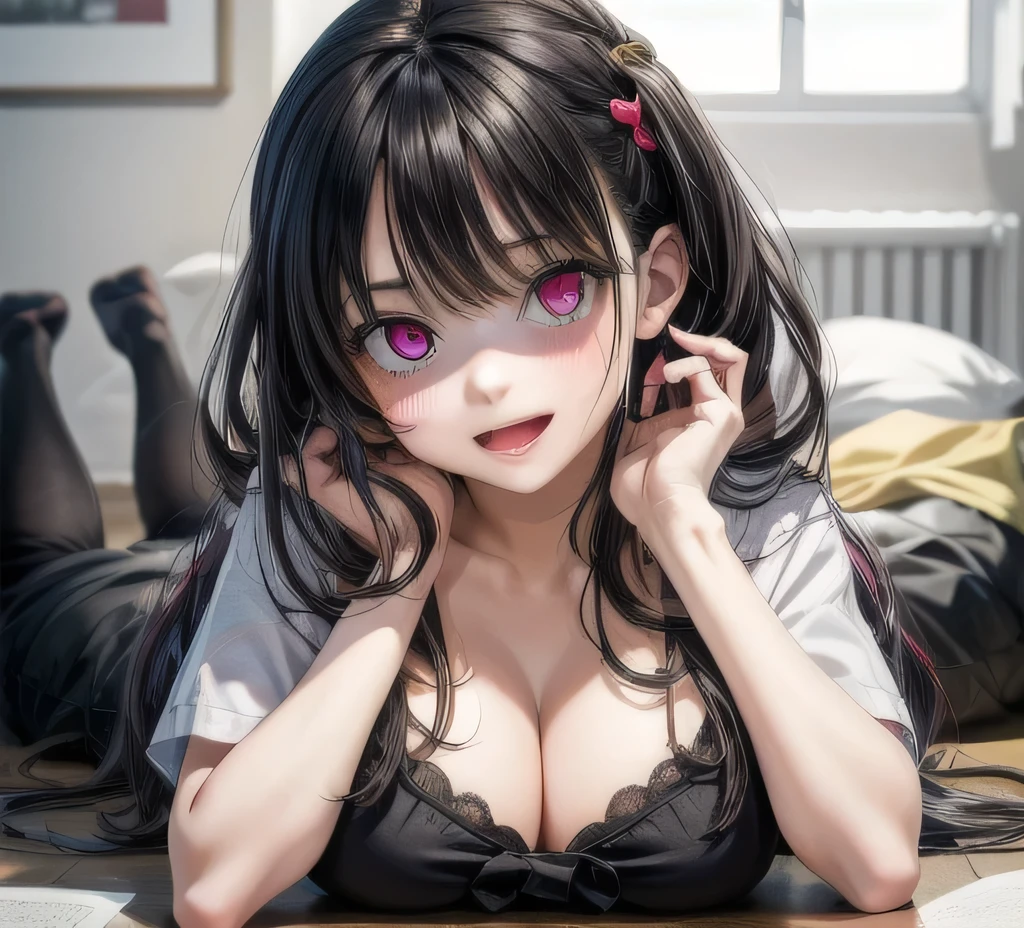 (highest quality:1.4), (High resolution:1.2), Sharp contours, Long Hair, highest quality, masterpiece,Glasses,Voice of the Heart,yandere,,20-year-old woman,yandere,Big Breasts,Chest to chest,Lying face down,Upper Body,Ecstasy,saliva,blush,Squint your eyes,Heterochromia iridis,Tuck up your clothes,nude