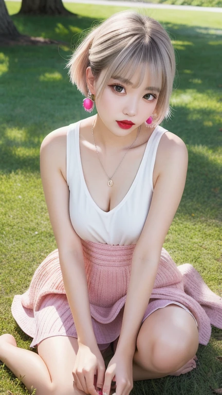 (8k, Photorealistic, Raw photo, Highest quality: 1.4),Japanese idol style１Beautiful girl of the person,20-year-old,Short bob hairstyle,Silver Hair,Hang your hair over your ears,Wearing small earrings in the ears,Big, clear grey eyes,Long eyelashes,Plump Cheeks,She is wearing pink lipstick,Apply gloss over your lipstick for glossy, plump lips,A short pendant hangs around her neck.,Wearing a sleeveless summer knit,Wearing a flared skirt,barefoot,On the grass in the park,Full body portrait